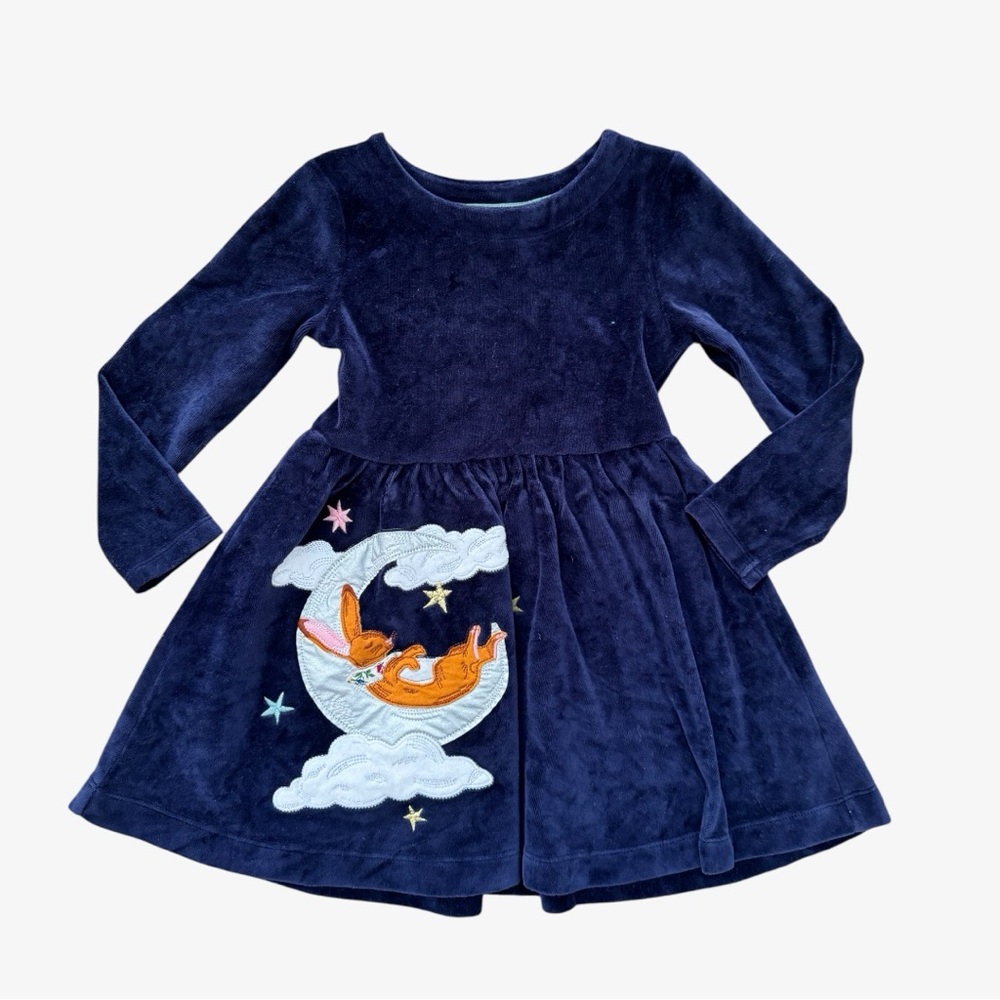 Mini Boden Navy Velour Sleeping Bunny Appliqué Dress 4/5